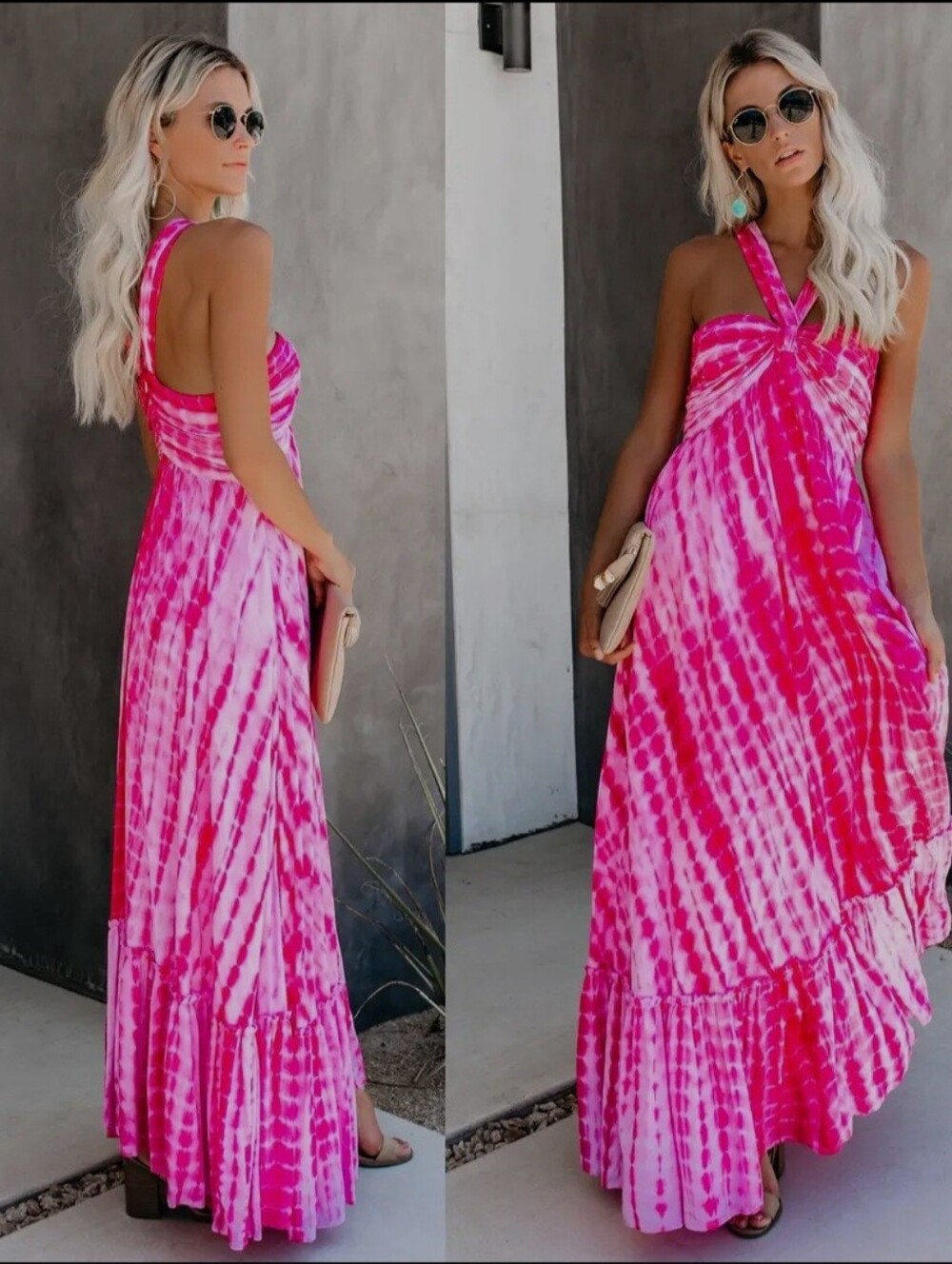 Vici Hot Pink Tie-Dye Halter Maxi Dress